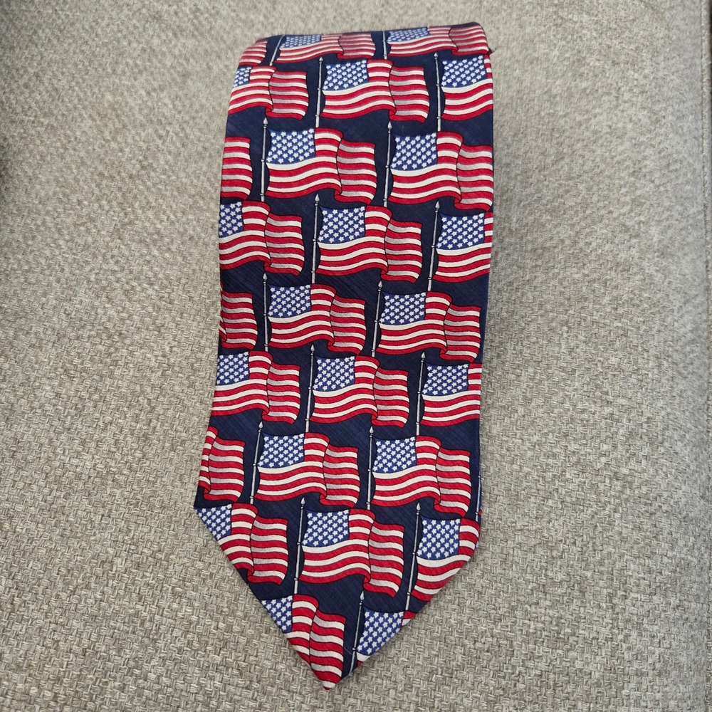American Traditions Mens Silk Necktie American Flag Patriotic Stars Stripes Navy - Picture 6 of 6